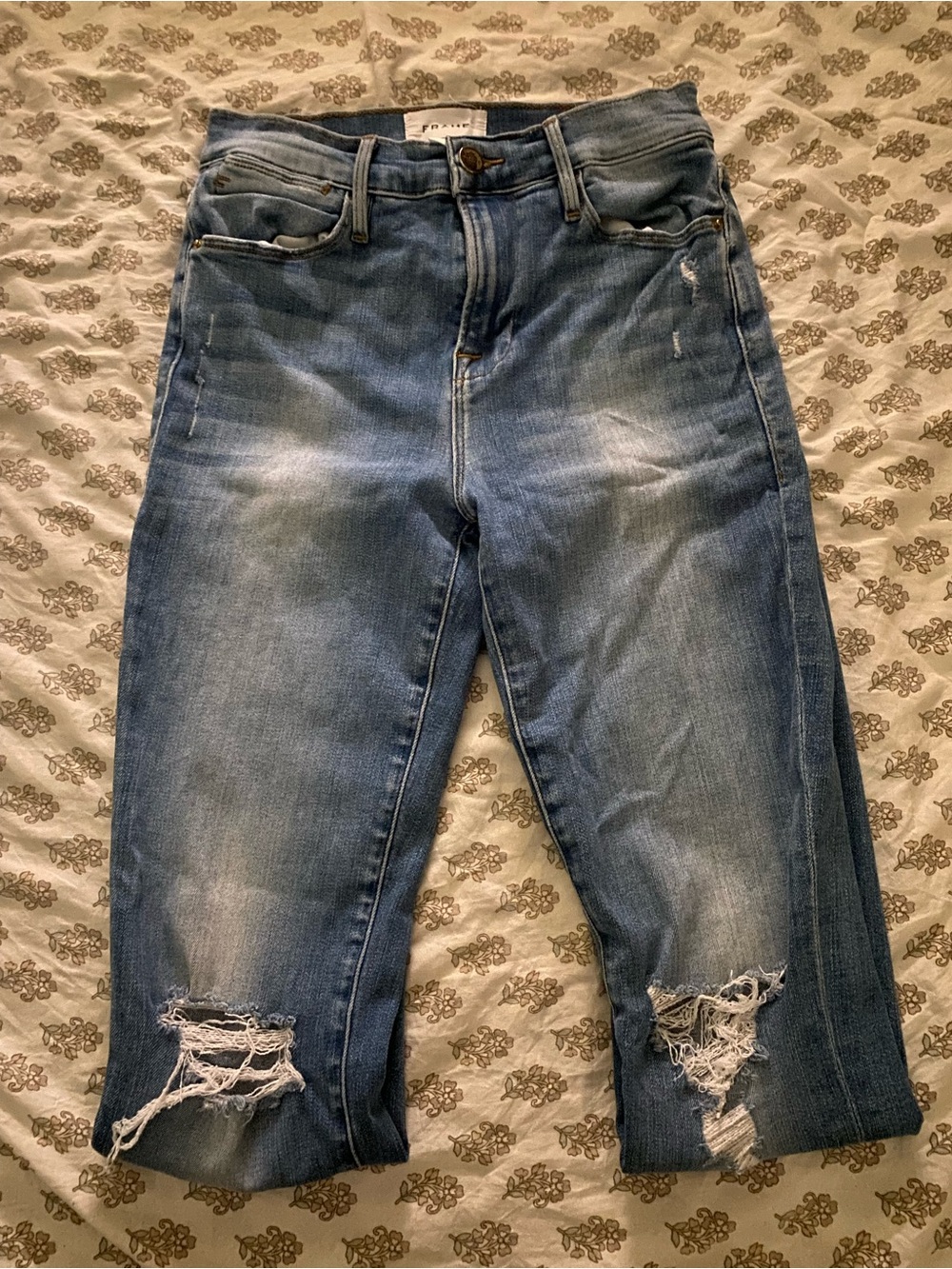 Frame Denim Distressed Jeans in Mid Blue